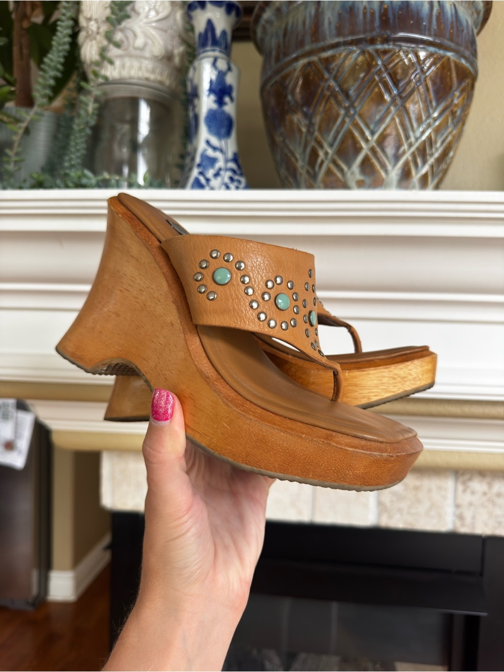 Vintage 90s MIA Leather Wood Block Platform Turquoise Studded Mule Heels Size 6